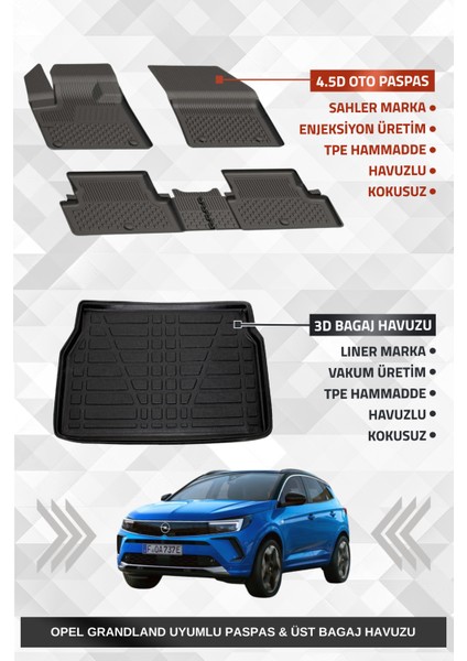 Opel Grandland 2017-2024 Uyumlu 4.5d Premium Havuzlu Oto Paspas ve Liner Marka 3D ÜST Bagaj Havuzu - Grandland