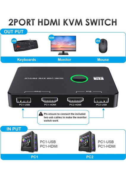 Kvm Switch 2 Port Kutusu USB ve HDMI Uyumlu Anahtar 2 Bilgisayar, Klavye, Fare, Yazıcı ve Bir Hd Monitör Paylaşımı (Yurt Dışından)