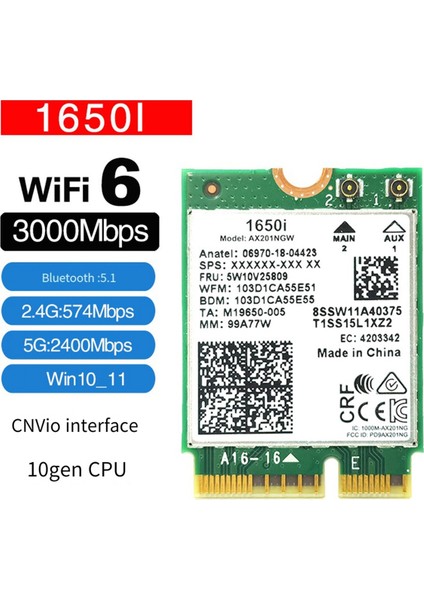 1650I AX201NGW Wifi KARTI+2X8DB Anten 3000MBPS Wıfı6 2.4g/5g Cnvio2 Bluetooth 5.1 Wifi Adaptörü WIN10/WIN11 Için (Yurt Dışından)