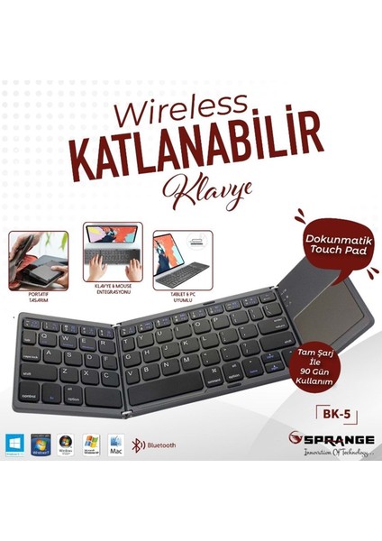 Klavye Bk-5 Kablosuz Katlanabilir Dokunmatik Şarjlı Multımedya Q Tr fiyatları