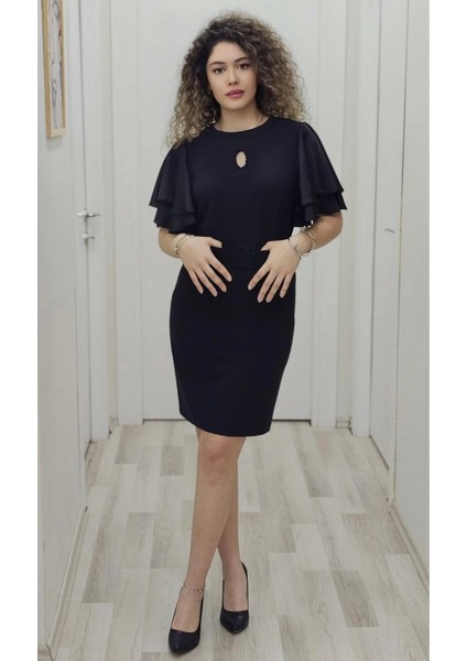 Saten Kol Volanlı Boncuk Işlemeli Kemerli Abiye Elbise 6012-SIYAH