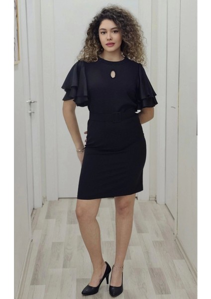 Saten Kol Volanlı Boncuk Işlemeli Kemerli Abiye Elbise 6012-SIYAH fiyatları