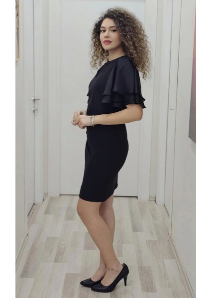 Saten Kol Volanlı Boncuk Işlemeli Kemerli Abiye Elbise 6012-SIYAH modelleri