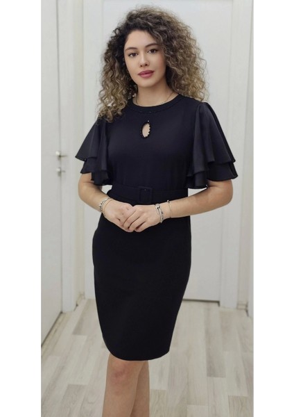 Saten Kol Volanlı Boncuk Işlemeli Kemerli Abiye Elbise 6012-SIYAH fırsatları