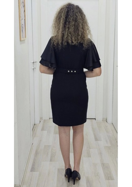 Saten Kol Volanlı Boncuk Işlemeli Kemerli Abiye Elbise 6012-SIYAH indirimleri