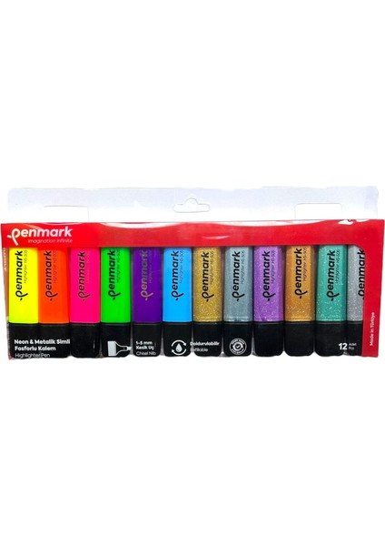 Fosforlu Kalem 12 Li Karışık Renk 6 Neon + 6 Simli Renkler