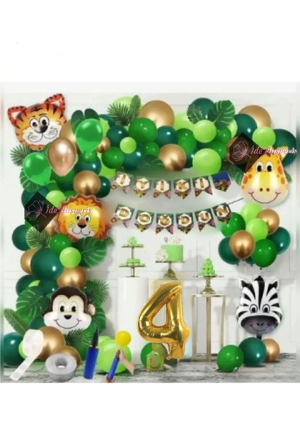 4 Yaş Iyi Ki Doğdun Uzar Yazı Safari Temalı Folyo Lüks Zincir Balon Seti