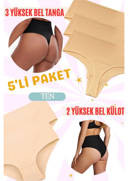 Yüksek Bel Slip Külot - Yüksek Bel Pamuk Tanga 5'li Paket (Yumuşak, Esnek, Likralı)