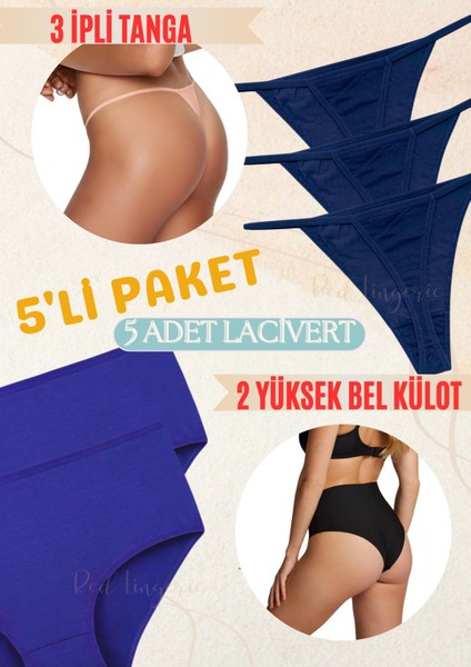 Yüksek Bel Slip Külot-Ip Askılı Tanga Pamuklu 5'li Paket (Likralı, Yumuşak,esnek Kumaş)