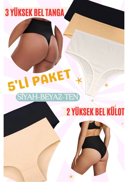 Yüksek Bel Slip Külot - Yüksek Bel Pamuk Tanga 5'li Paket (Yumuşak, Esnek, Likralı)