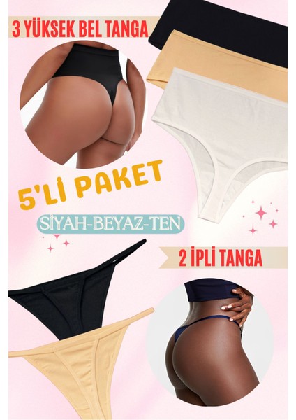 Yüksek Bel Tanga-Ip Askılı Tanga Pamuk 5'li Paket (Yumuşak, Esnek, Likralı)
