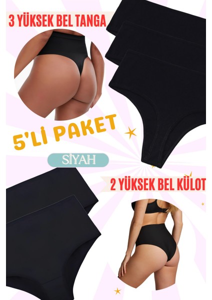 Yüksek Bel Slip Külot - Yüksek Bel Pamuk Tanga 5'li Paket (Yumuşak, Esnek, Likralı)