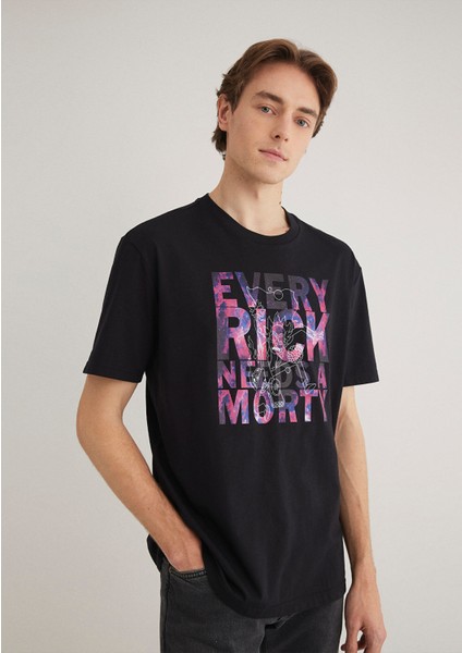 Rick and Morty Baskılı Siyah Tişört 0611683-900 fiyatları