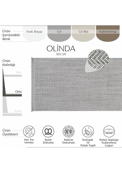 olinda 1109 Gri Mutfak Halısı Uzun Yumuşak Bukle Dokuma Tezgah Önü Leke Tutmayan Iskandinav Yolluk