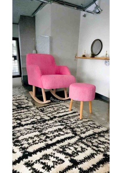 Sallanan Ahşap Ayaklı , Pembe. Rengi Berjer Koltuk - Puf Hediyeli