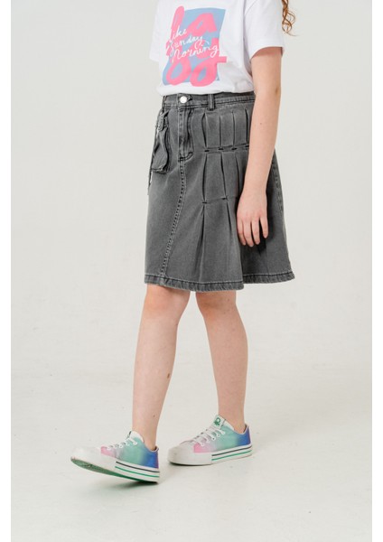 Kız Çocuk Sol Pileli Kot Etek 2955