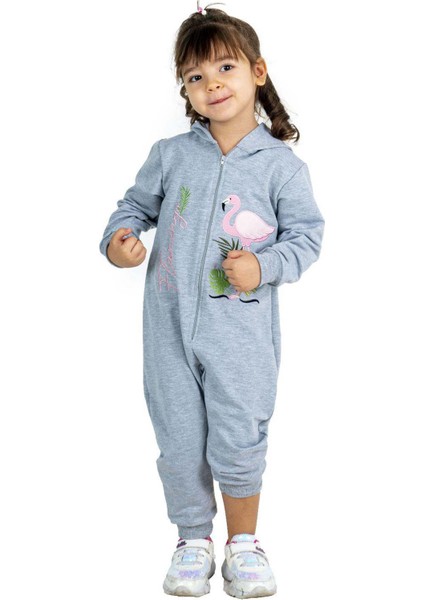 Kız Bebek Üzerinde Flamingo Baskılı Önü Fermuarlı Kapüşonlu Buz Mavisi Tulum