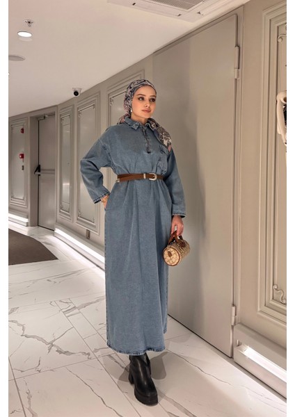 ELB016 Oversize Cepli Kemerli Denim Elbise