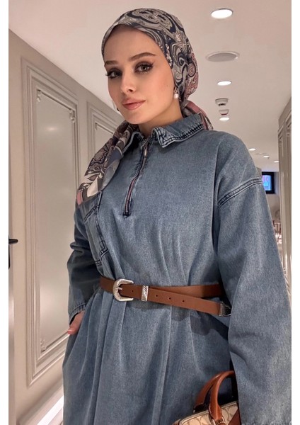 ELB016 Oversize Cepli Kemerli Denim Elbise
