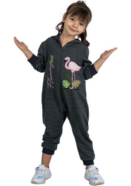 Kız Bebek Üzerinde Flamingo Baskılı Önü Fermuarlı Kapüşonlu Füme Tulum