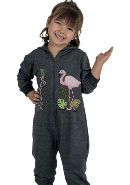 Kız Bebek Üzerinde Flamingo Baskılı Önü Fermuarlı Kapüşonlu Füme Tulum modelleri