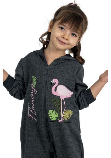 Kız Bebek Üzerinde Flamingo Baskılı Önü Fermuarlı Kapüşonlu Füme Tulum fırsatları