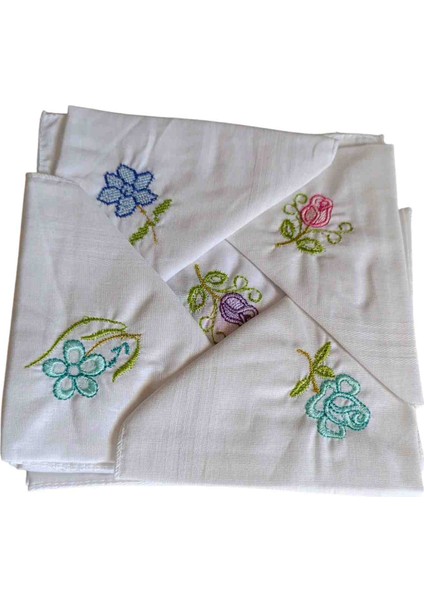 Çiçek Işlemeli Mendil 12 Adet 28X28 cm %100 Pamuk Hediyelik Okuluk Renkli Nakışlı Mendiller