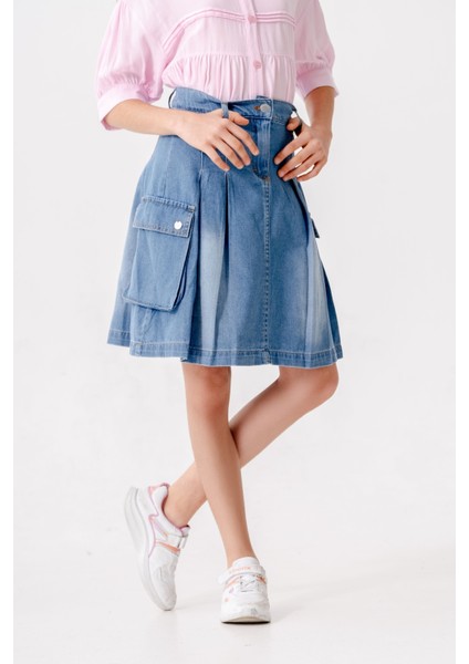 Kız Çocuk Pileli Körük Cepli Kot Etek 2604 modelleri