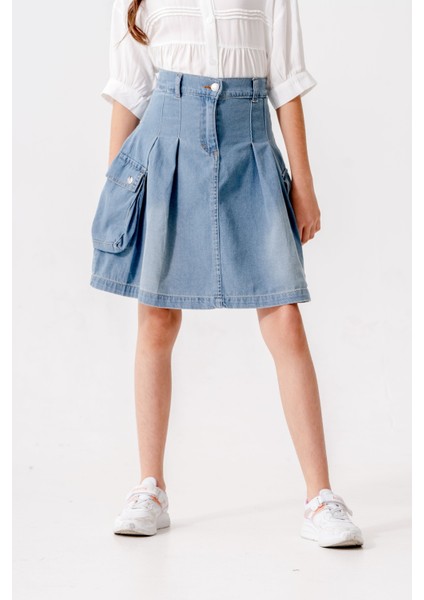 Kız Çocuk Pileli Körük Cepli Kot Etek 2604 modelleri