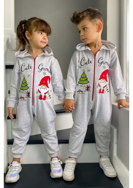 Kız Erkek Bebek Üzerinde Noel Baba ve Ağaç Önü Fermuarlı Kapüşonlu Gri Tulum