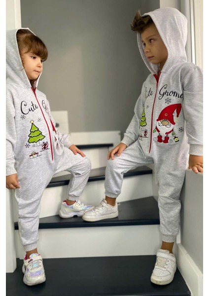Kız Erkek Bebek Üzerinde Noel Baba ve Ağaç Önü Fermuarlı Kapüşonlu Gri Tulum