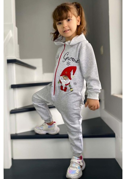 Kız Erkek Bebek Üzerinde Noel Baba ve Ağaç Önü Fermuarlı Kapüşonlu Gri Tulum