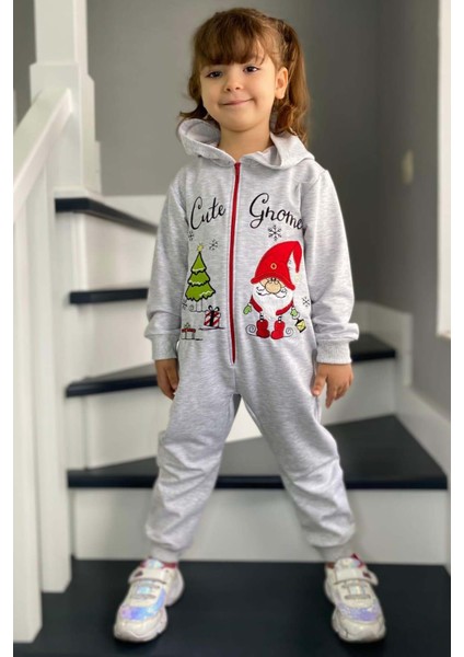 Kız Erkek Bebek Üzerinde Noel Baba ve Ağaç Önü Fermuarlı Kapüşonlu Gri Tulum