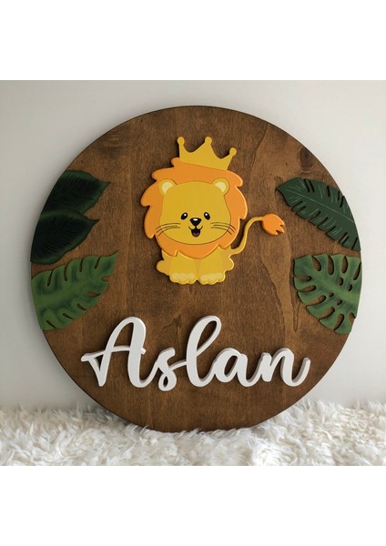 İsme Özel Hediyelik, Aslan ve Yaprak Temalı Ahşap Bebek Hastane Kapı Süsü