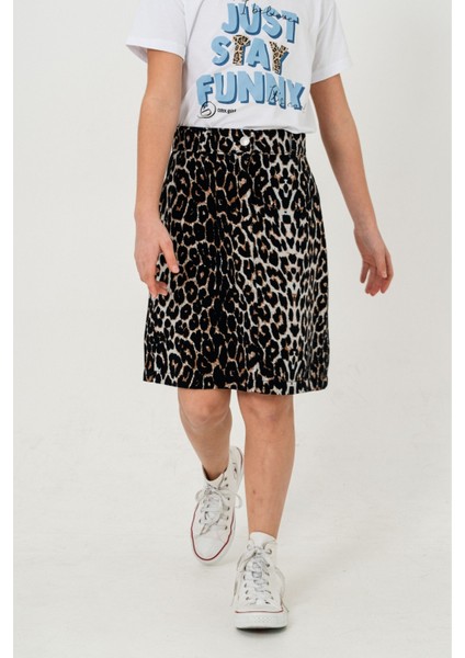 Kız Çocuk Leopar Desenli Keten Etek 2606
