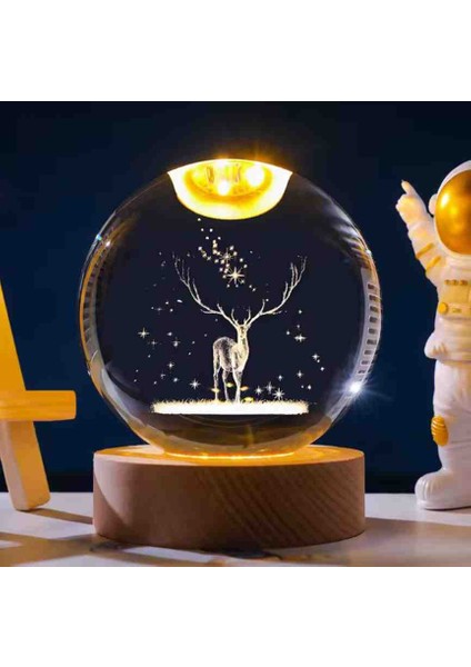 Toz Bulutu ve Ren Geyiği 2'li Set Kristal Cam Kar Küresi – Usb’li Doğal Ahşap Tabanlı 3D LED Dekoratif Lamba, Sürpriz Şık Zarif Top Biblo Konsept Hediyelik Eşya