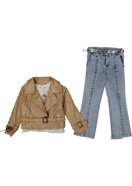 Jeans Pantolonlu Deri Ceketli 3'lü Kız Takım
