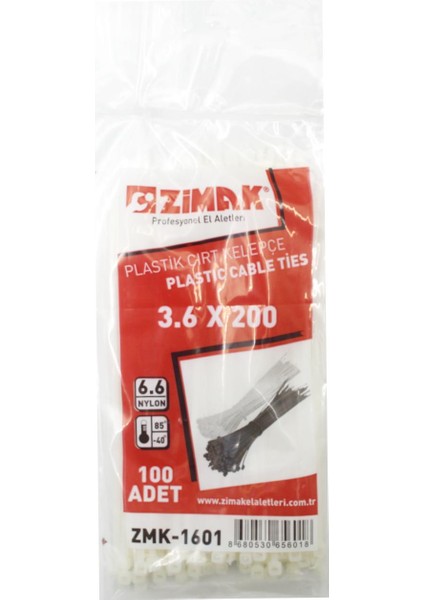 3.6X200 mm Plastik Kelepçe Cırt Kelepçe Beyaz ZMK-1601