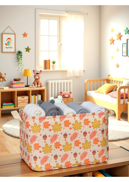 Sonbahar Desenli Çok Amaçlı Dolap Içi Düzenleyici Dekoratif Dikdörtgen Düzenleyici Sepet 30 x 22 x 18