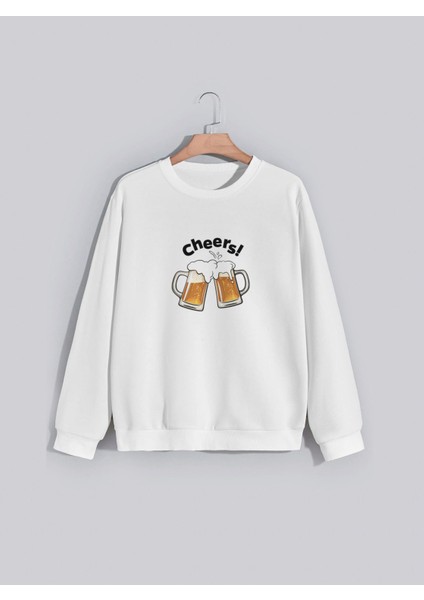 Cheers Bira Baskılı Bisiklet Yaka Kapşonsuz Normal Kalıp Beyaz Sweatshirt