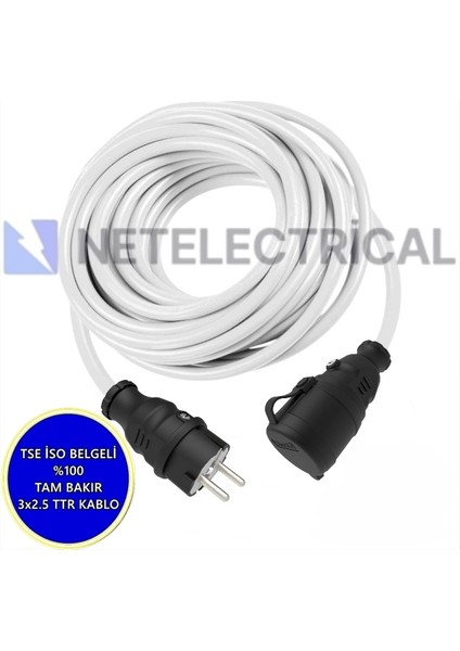 Kauçuk Tekli Seyyar Uzatma Kablosu - 3x2.5 Ttr Kalın Kablo Beyaz - 4 Metre (Elektrikli Araç Şarjı ve Karavan İçi Kullanım)