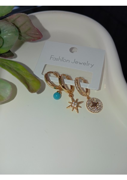 Fashion Jewelry Gold Mavi Boncuk Detaylı Vip Üçlü Küpe Seti