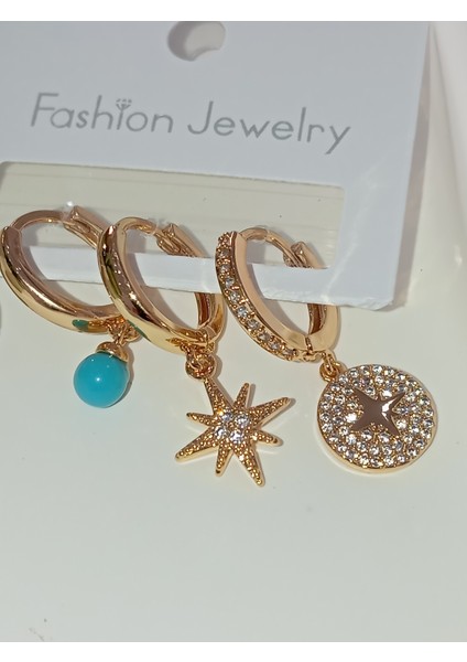 Fashion Jewelry Gold Mavi Boncuk Detaylı Vip Üçlü Küpe Seti modelleri