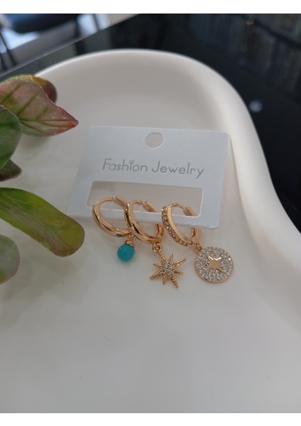 Fashion Jewelry Gold Mavi Boncuk Detaylı Vip Üçlü Küpe Seti fırsatları