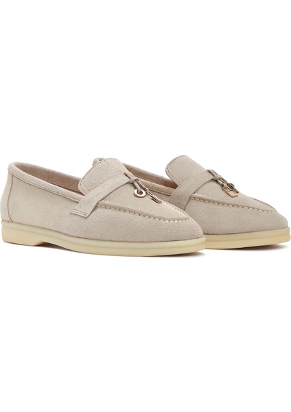 Kadın Bej Süet Deri Maskülen Loafer 25SFD130310