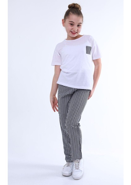 Ekose Desenli Kız Çocuk Pijama Takımı 2'Li Alt Üst Eşofman Takımı Günlük ve Ev Giyim Kısa Kollu Tişört Pantolon