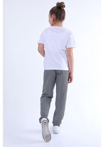 Ekose Desenli Kız Çocuk Pijama Takımı 2'Li Alt Üst Eşofman Takımı Günlük ve Ev Giyim Kısa Kollu Tişört Pantolon