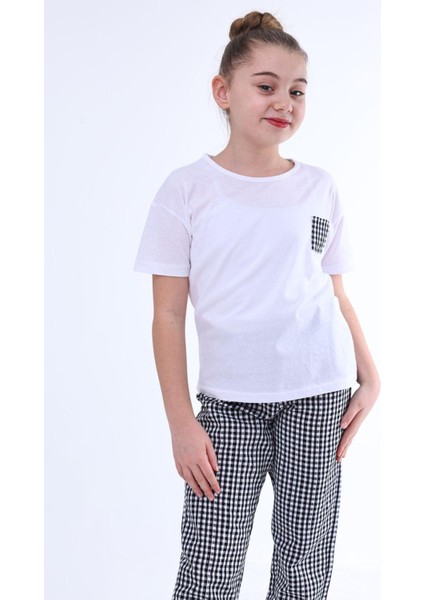 Ekose Desenli Kız Çocuk Pijama Takımı 2'Li Alt Üst Eşofman Takımı Günlük ve Ev Giyim Kısa Kollu Tişört Pantolon