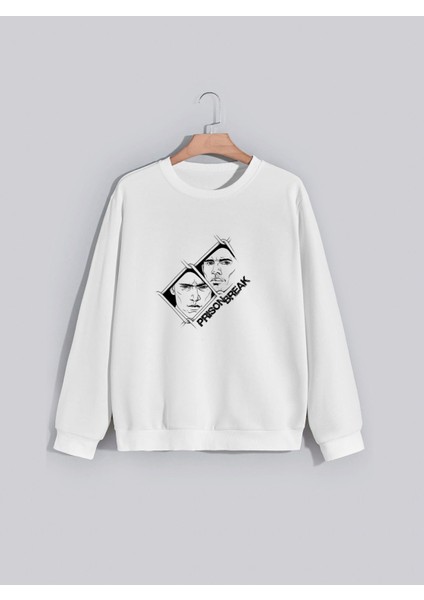 Prison Break Baskılı Bisiklet Yaka Kapşonsuz Normal Kalıp Beyaz Sweatshirt