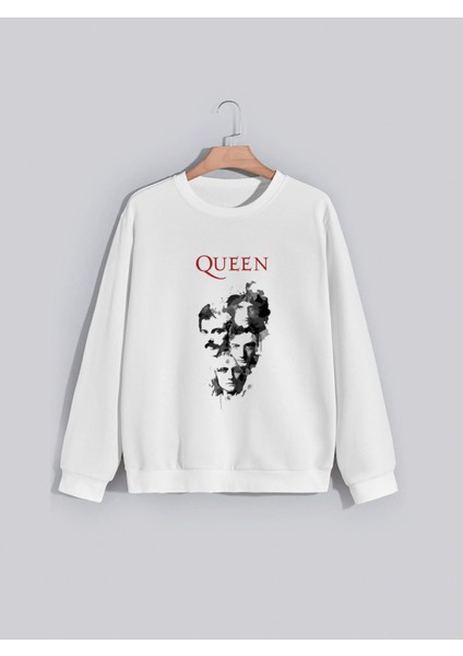 Queen Progresif Metal Grubu Baskılı Bisiklet Yaka Kapşonsuz Normal Kalıp Beyaz Sweatshirt